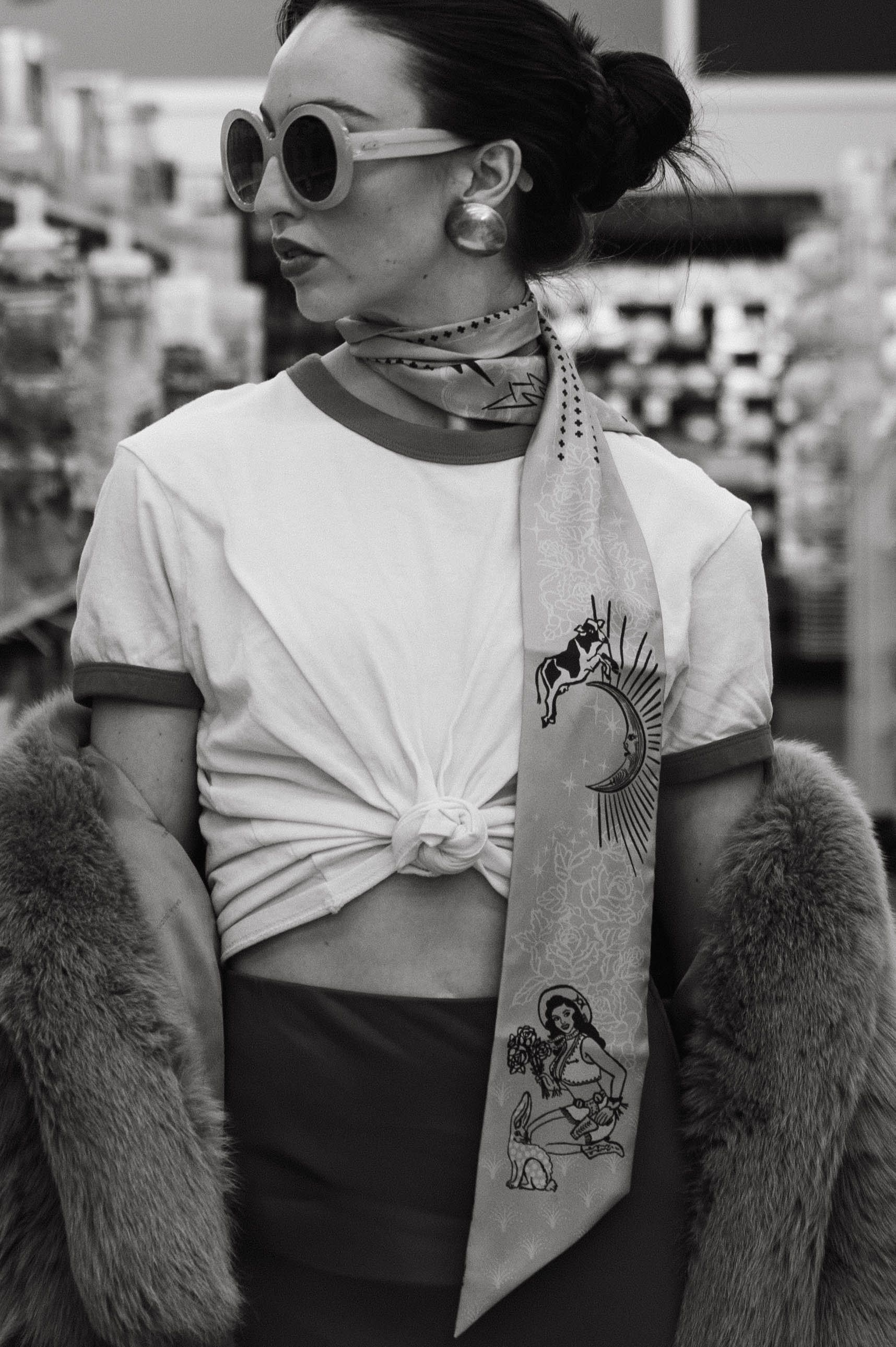 Cactus Rose retro cowgirl illustrated silk ribbon scarf