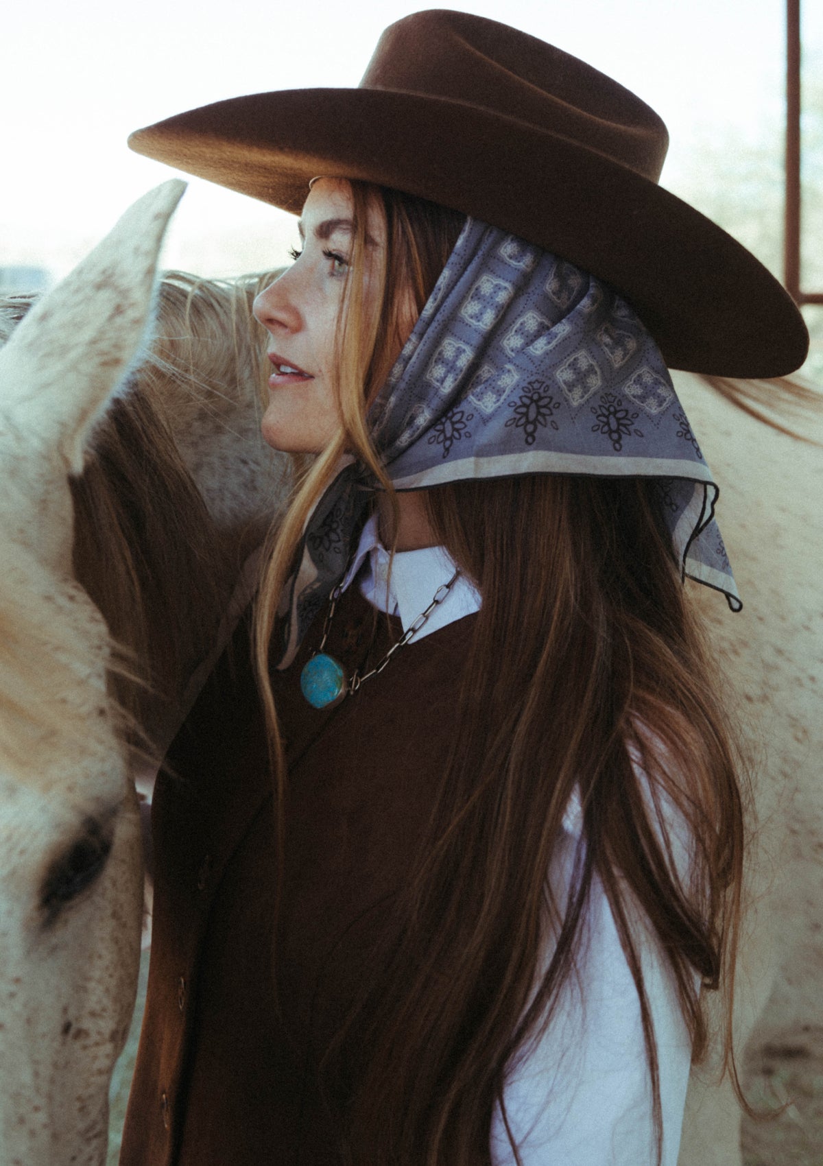 Ray silk cotton blend bandana Pop's Bandana in Rainy Day worn styled — soft grey blue modern bandana design with navy serge trim by Ray