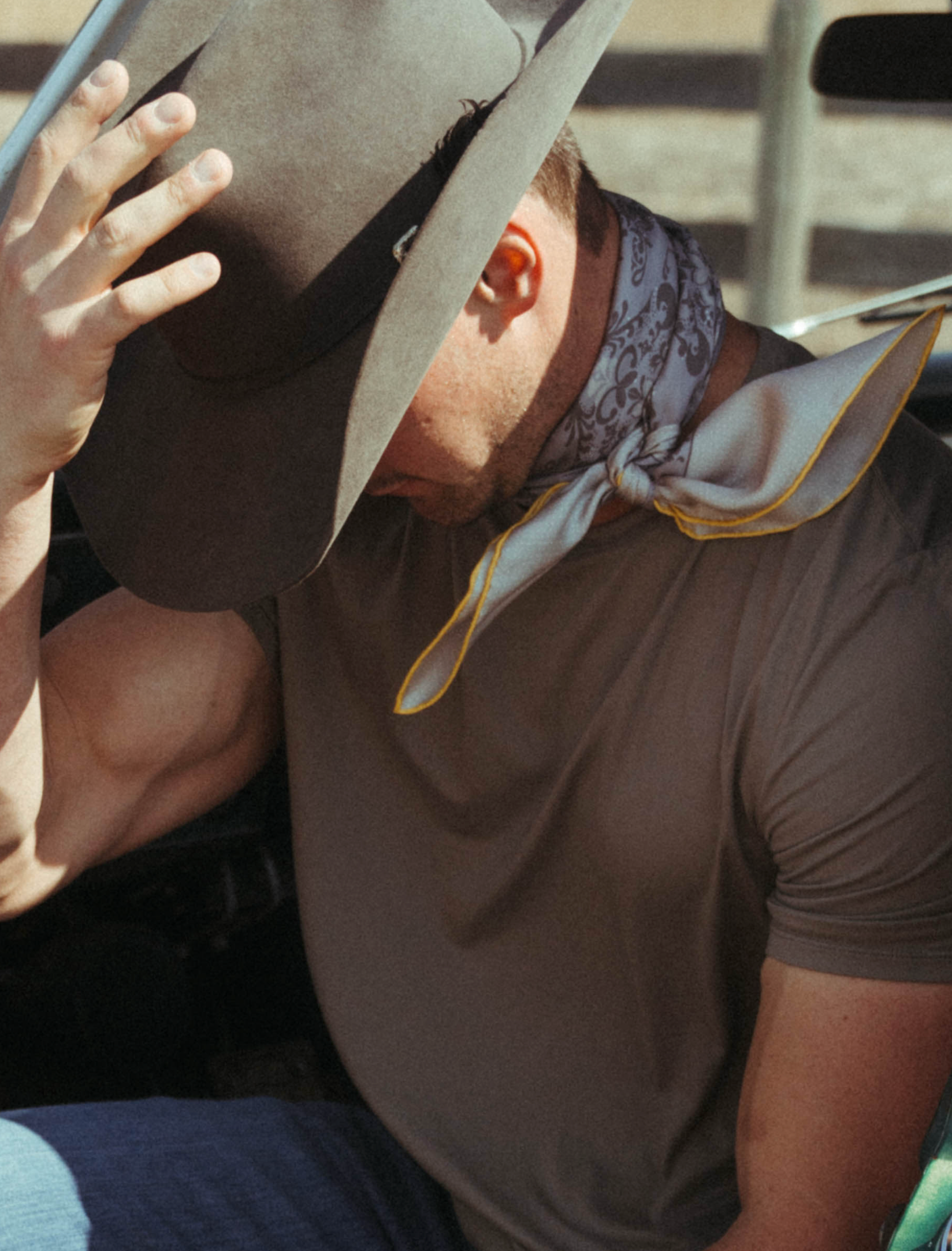 silk scarf bandana print in silver, grey with a bright yellow rolled edge
